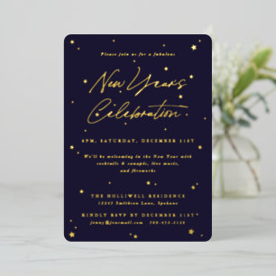 Elegant Navy+Gold Scattered Stars New Years Folie Uitnodiging