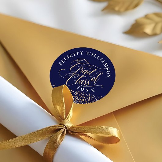 Elegant Navy & Gold Script Afstuderen Confetti Ronde Sticker