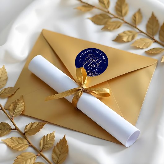 Elegant Navy & Gold Script Afstuderen Confetti Ronde Sticker