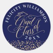Elegant Navy & Gold Script Afstuderen Confetti Ronde Sticker (Voorkant)