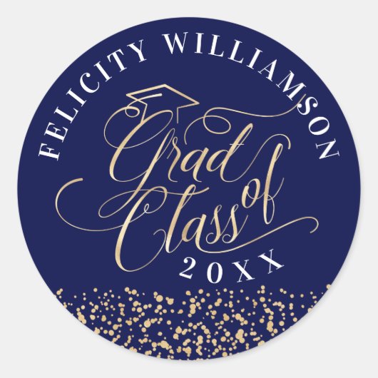 Elegant Navy & Gold Script Afstuderen Confetti Ronde Sticker (Voorkant)
