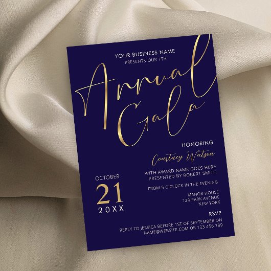 Elegant Navy & Gold Script Business Annual Gala Kaart