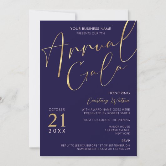 Elegant Navy & Gold Script Business Annual Gala Kaart (Voorkant)
