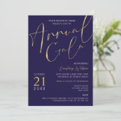 Elegant Navy & Gold Script Business Annual Gala Kaart (Staand voorkant)