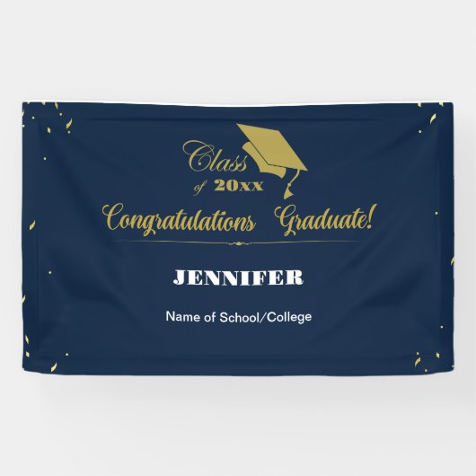 Elegant Navy Gold Script Congrats Afstuderen 2025 Spandoek (Horizontaal)