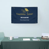 Elegant Navy Gold Script Congrats Afstuderen 2025 Spandoek (Beurs)
