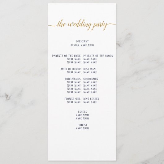Elegant Navy Gold Script Minimal Wedding Ceremony Programmakaart (Achterkant)