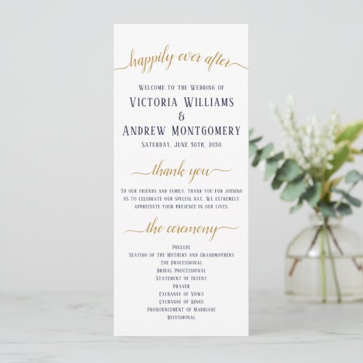 Elegant Navy Gold Script Minimal Wedding Ceremony Programmakaart (Staand voorkant)
