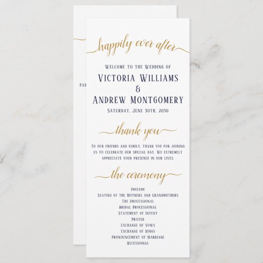 Elegant Navy Gold Script Minimal Wedding Ceremony Programmakaart (Voorkant / Achterkant)