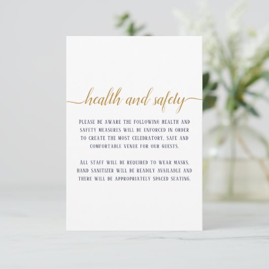 Elegant Navy Gold Script Weddenschap Gezondheidsve Informatiekaartje (Staand voorkant)