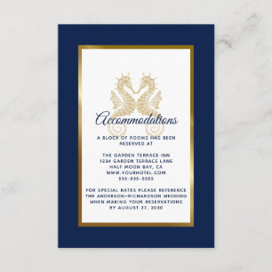 Elegant Navy Gold Seapaarden Wedding Accommodation Informatiekaartje