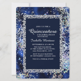 Elegant Navy Gold Silver Glitter Quinceañera Kaart