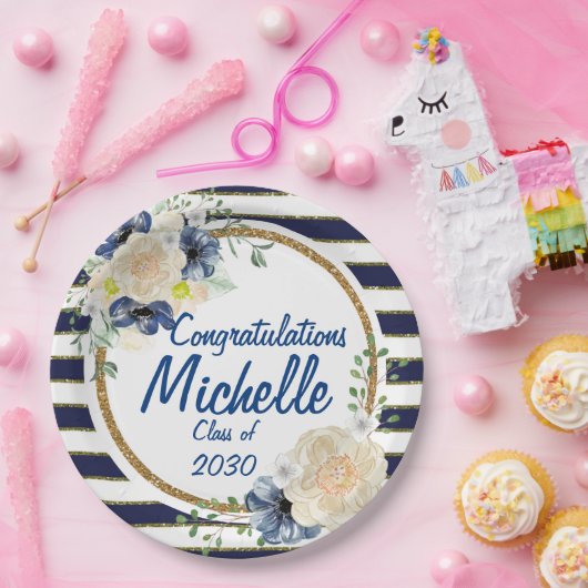 Elegant Navy & Gold Waterverf Rozen Afstuderen Papieren Bordje (Feest)