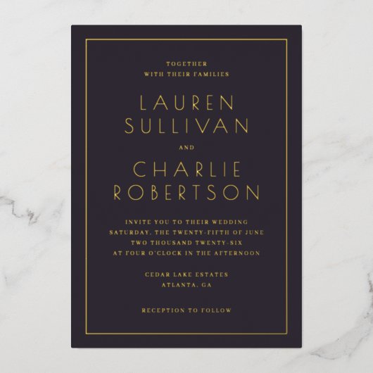 Elegant Navy Gold Wedding Invitation Folie Uitnodiging (Voorkant)