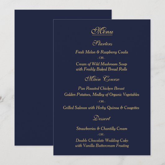 Elegant Navy Gold Wedding Menu Card (Voorkant / Achterkant)