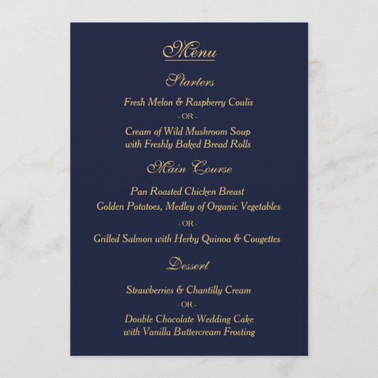 Elegant Navy Gold Wedding Menu Card (Voorkant)