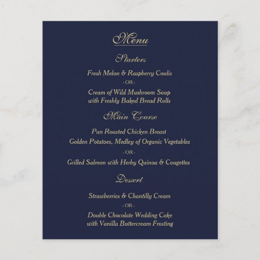 Elegant Navy Gold Wedding Menu Kaart (Voorkant)