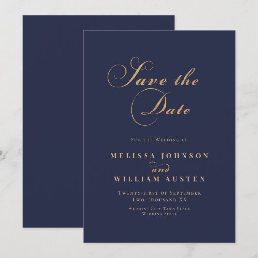 Elegant Navy Gold Wedding Save The Date (Voorkant / Achterkant)