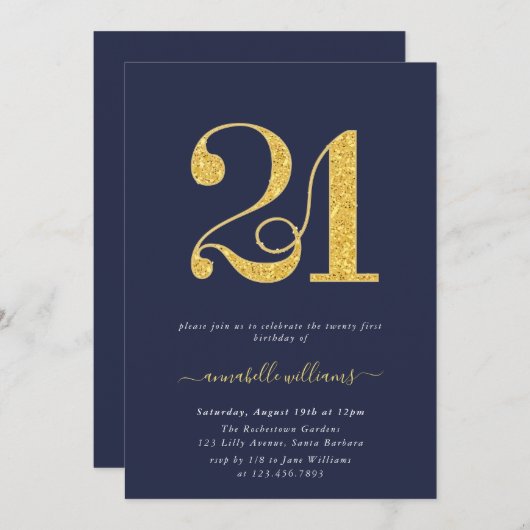 Elegant Navy & Goud 21e Verjaardagsfeestje Kaart (Voorkant / Achterkant)