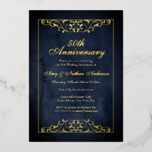 Elegant Navy Goud 50ste Huwelijksjubileum Folie Uitnodiging