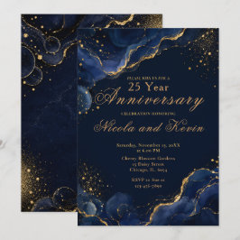 Elegant Navy Goud Alcohol Ink Huwelijksjubileum Kaart