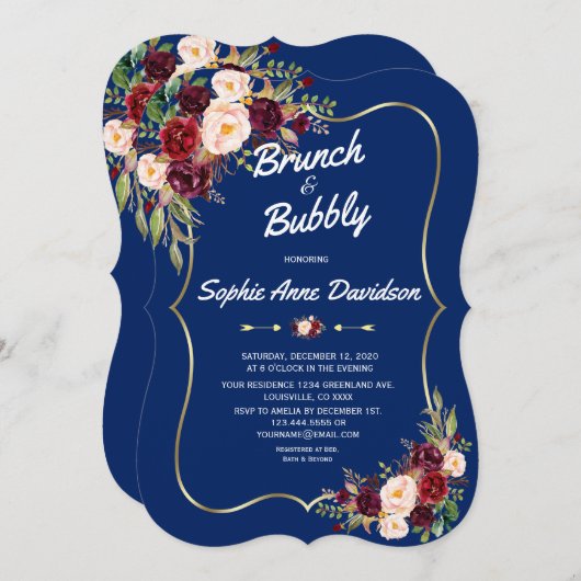 Elegant Navy Goud Bourgondi Bloemstuk Brunch & Mou Kaart (Voorkant / Achterkant)