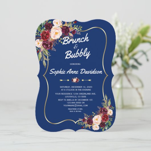 Elegant Navy Goud Bourgondi Bloemstuk Brunch & Mou Kaart (Staand voorkant)