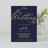 Elegant Navy & Goud Folie Bruiloft Uitnodiging (Staand Voorkant)