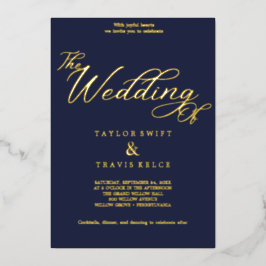 Elegant Navy & Goud Folie Bruiloft  Uitnodiging