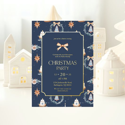 Elegant Navy & Goud Kerstfeest Folie Uitnodiging
