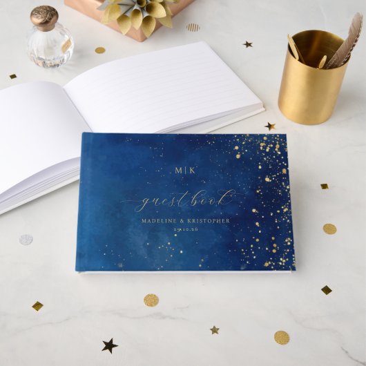 Elegant Navy Goud Spikkels Gastenboek (Voorkant open)