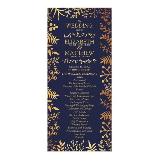 Elegant Navy & Gouden Bloemen Bruiloftsprogramma Reclamekaart (Voorkant)