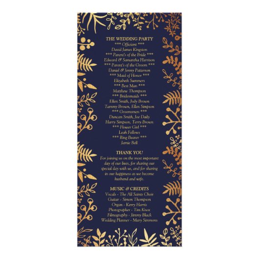 Elegant Navy & Gouden Bloemen Bruiloftsprogramma Reclamekaart (Achterkant)