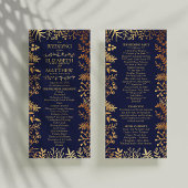 Elegant Navy & Gouden Bloemen Bruiloftsprogramma Reclamekaart