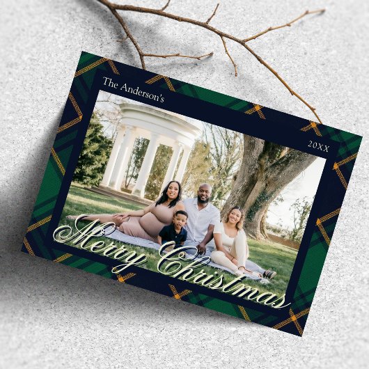 Elegant Navy Green Plaid Christmas Feestdagenkaart