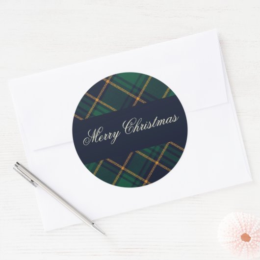 Elegant Navy Green Plaid Christmas Ronde Sticker (Envelop)