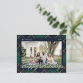 Elegant Navy Green Plaid Happy Holidays Briefkaart (Staand voorkant)