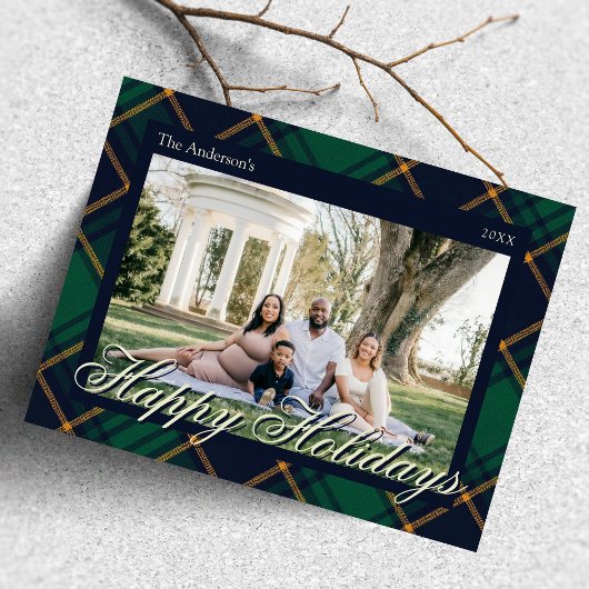 Elegant Navy Green Plaid Happy Holidays Briefkaart