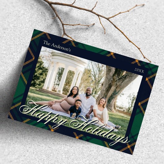 Elegant Navy Green Plaid Happy Holidays Feestdagenkaart