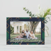 Elegant Navy Green Plaid Happy Holidays Feestdagenkaart (Staand voorkant)