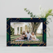 Elegant Navy Green Plaid Happy Holidays Folie Feestdagenkaart (Staand Voorkant)
