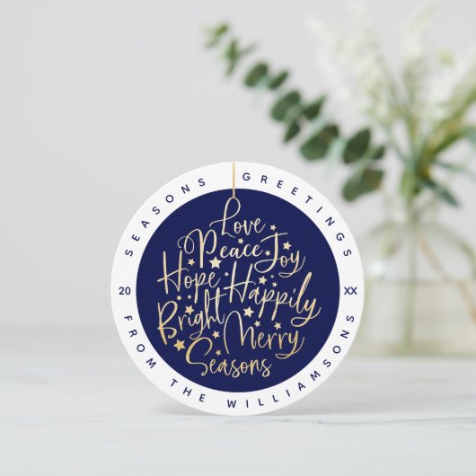 Elegant Navy Greetings Typografie Ornament Foto Feestdagenkaart (Staand voorkant)