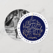 Elegant Navy Greetings Typografie Ornament Foto Feestdagenkaart (Voorkant / Achterkant)