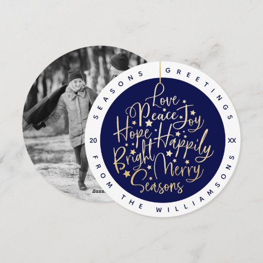 Elegant Navy Greetings Typografie Ornament Foto Feestdagenkaart (Voorkant / Achterkant)