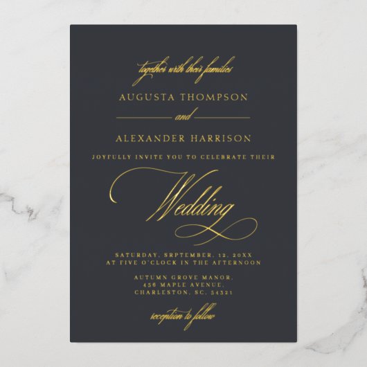 Elegant Navy Grey  Kalligrafie Bruiloft Folie Uitnodiging (Voorkant)