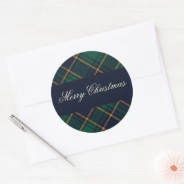 Elegant Navy Groen Kerst Plaid Ronde Sticker
