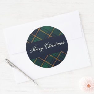 Elegant Navy Groen Kerst Plaid Ronde Sticker