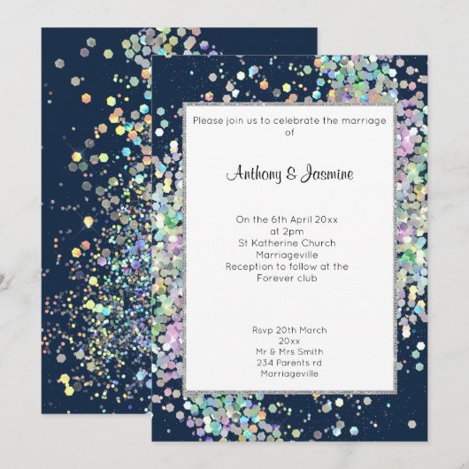 ELEGANT NAVY HOLOGRAPHIC PASTEL WEDING KAART (Voorkant / Achterkant)