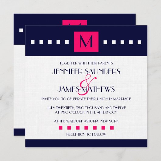 Elegant Navy Hot Pink Monogram Weddenschap Kaart (Voorkant / Achterkant)