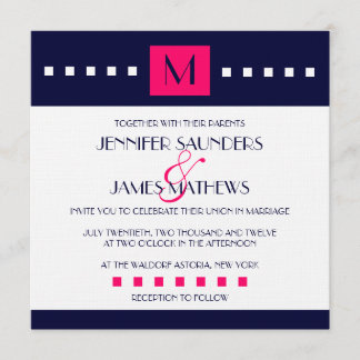 Elegant Navy Hot Pink Monogram Weddenschap Kaart